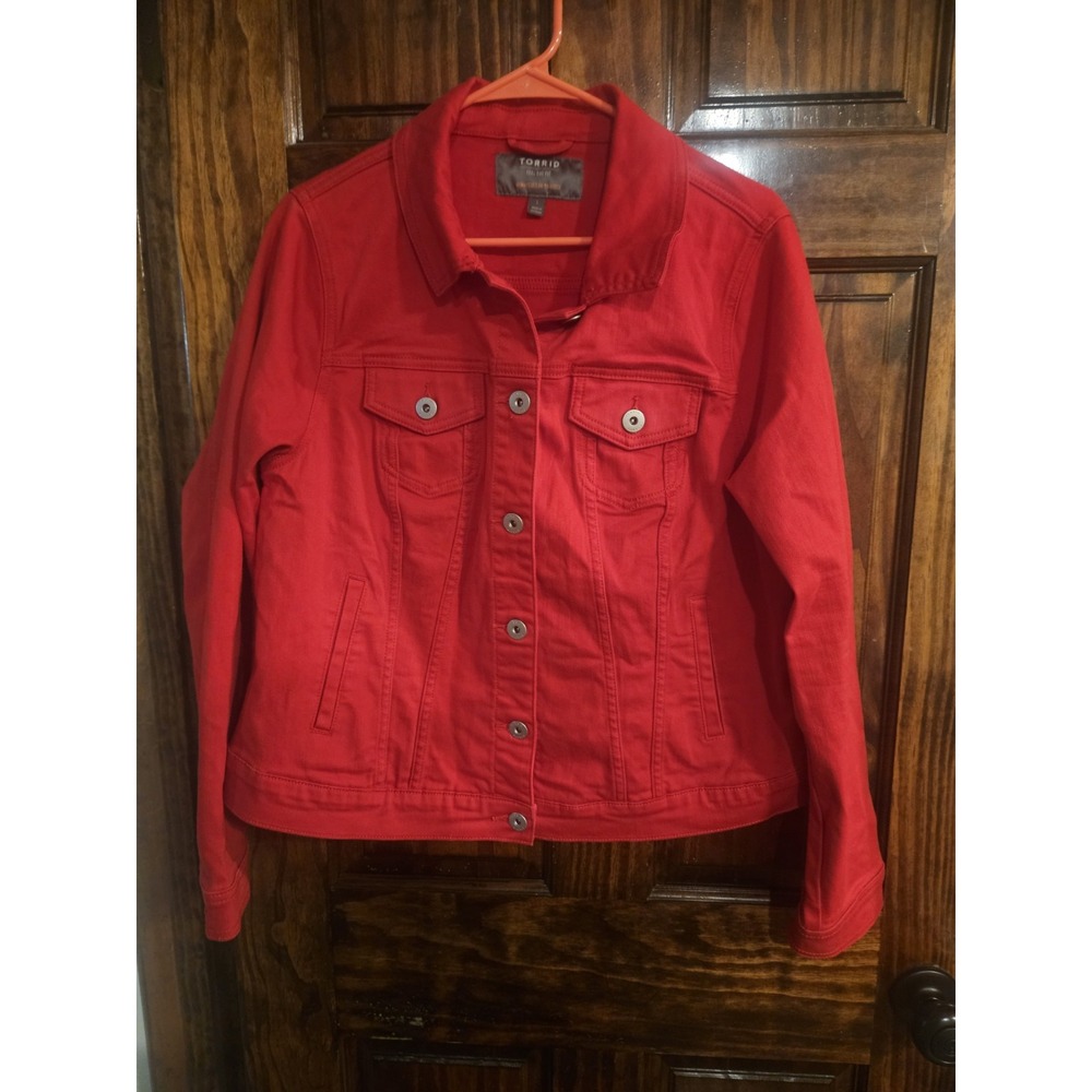 Torrid Red Denim Jean Vibrant Button Up Trucker Jacket Womens Size 1 Plus